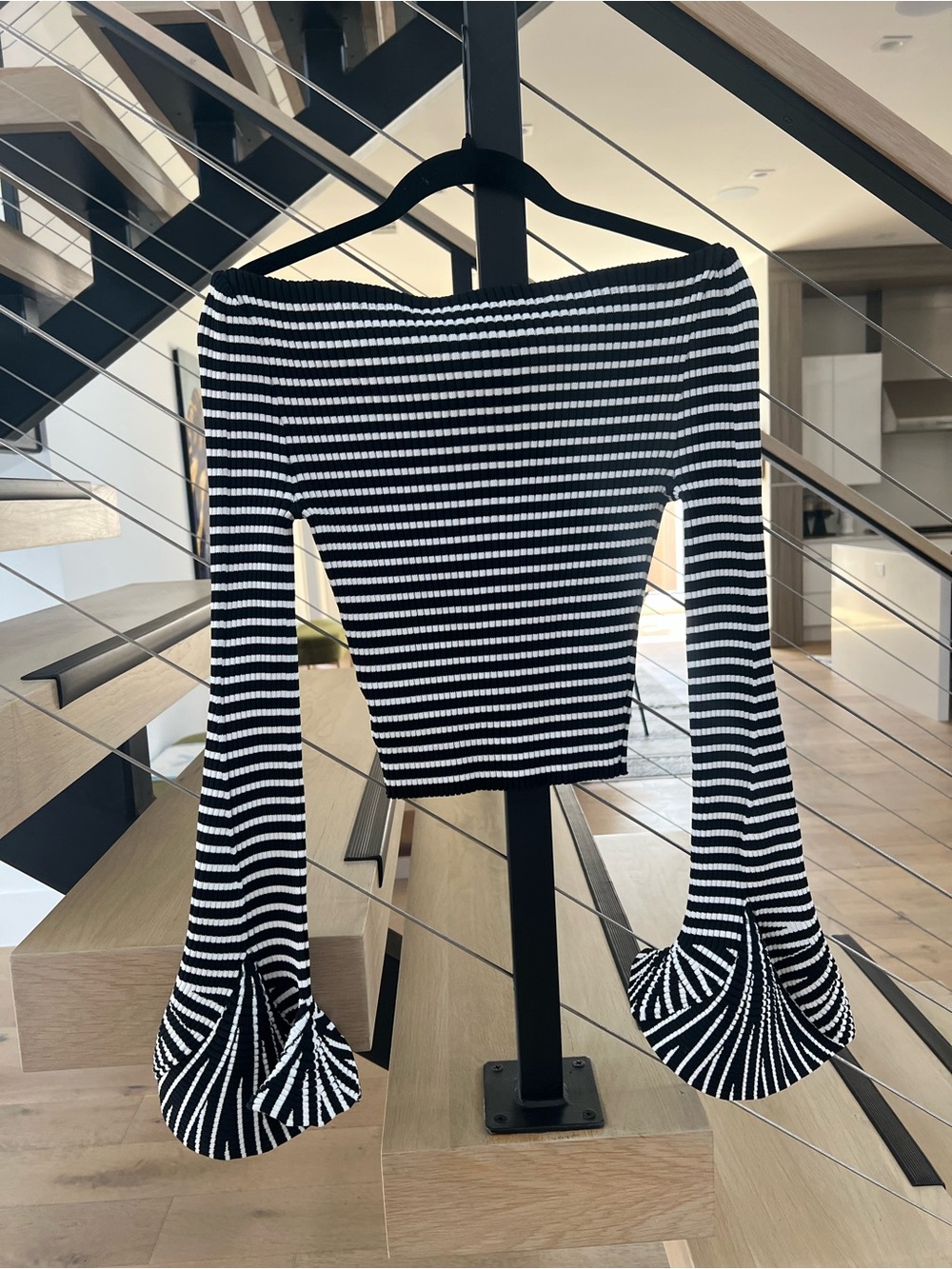 Off-Shoulder Black & White Striped Bell-Sleeve Top by Commense. Small